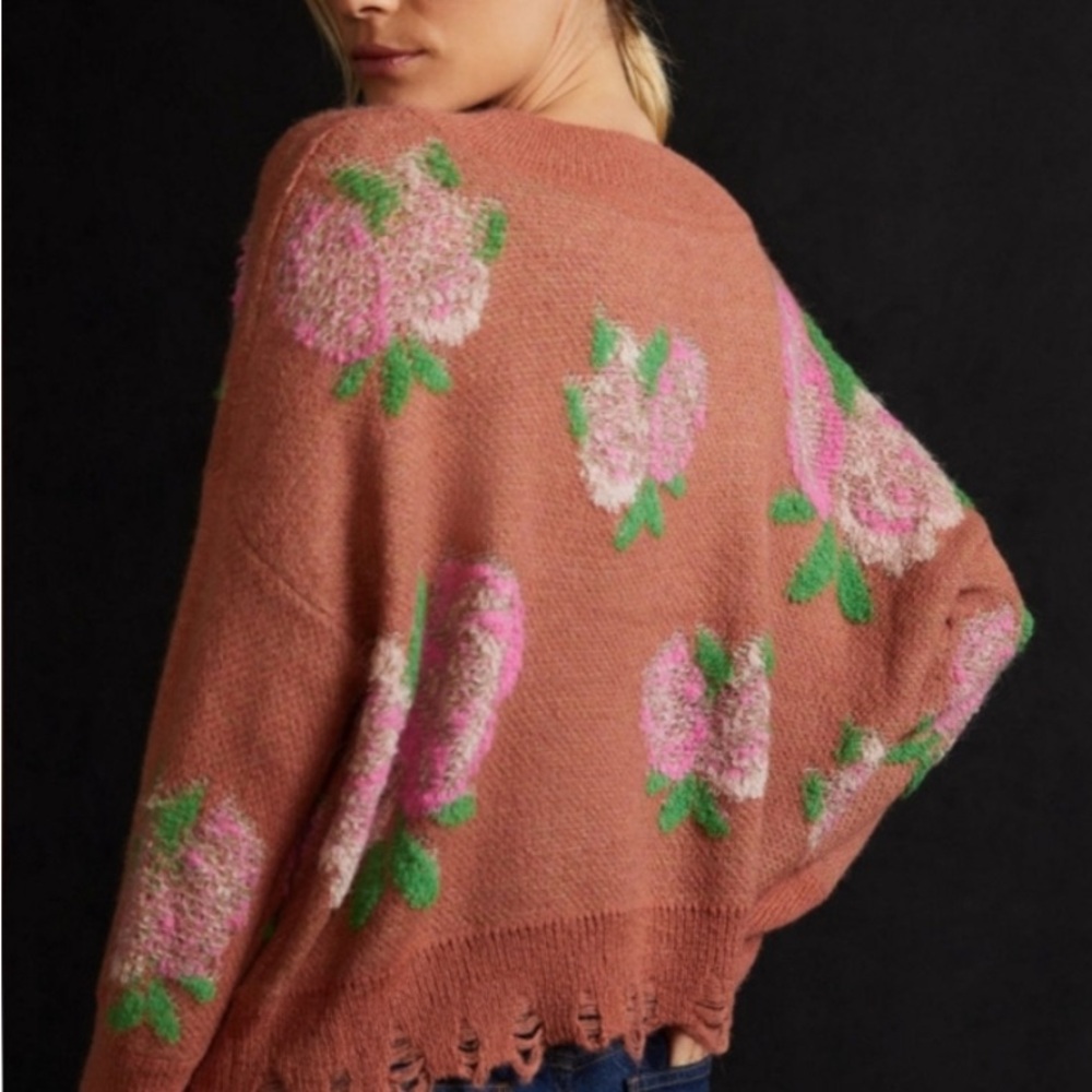 Anthropologie Drop Shoulder Floral Knit V-neck distressed Sweater - Picture 2 of 4